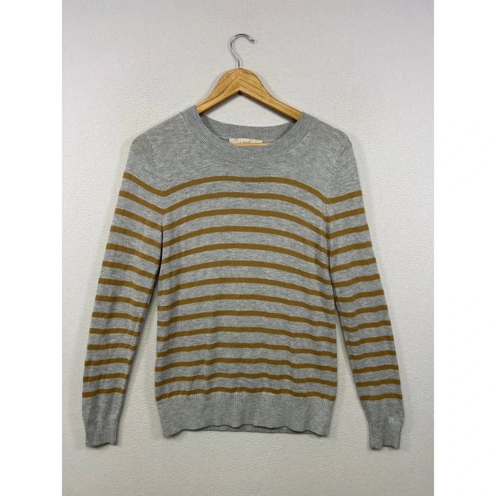 LOFT Preppy Academia Womens Medium Grey Mustard Striped Crewneck Sweater